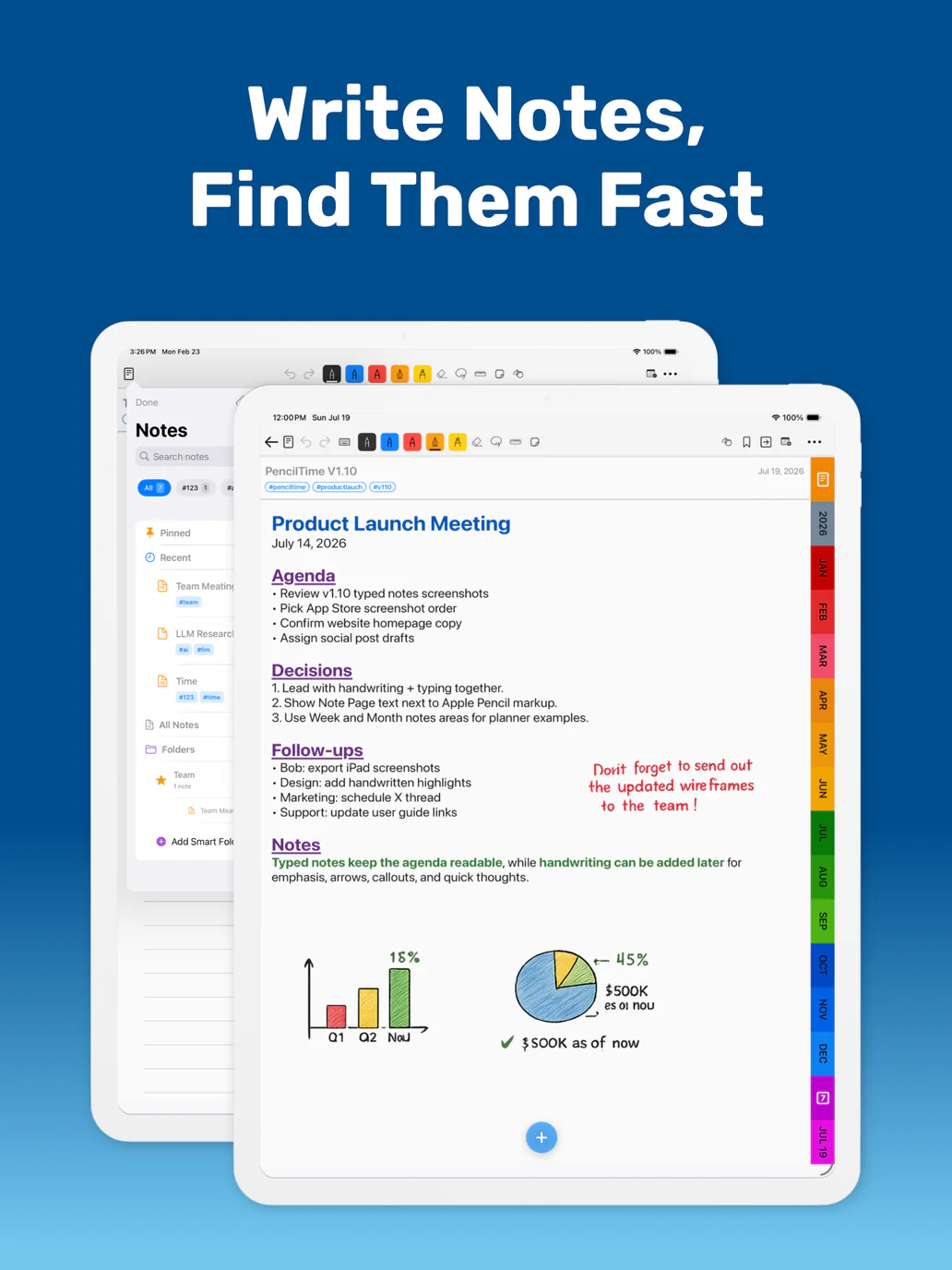 PencilTime 1.10 on iPad showing typed meeting notes, handwriting, tags, and the notes browser