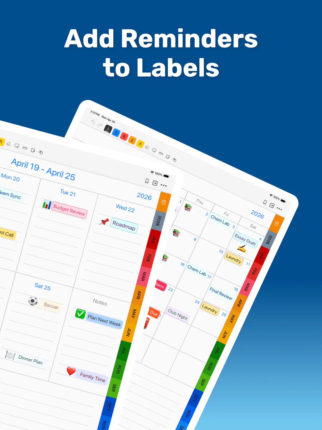 PencilTime Week and Month pages showing reminder labels for plans and events
